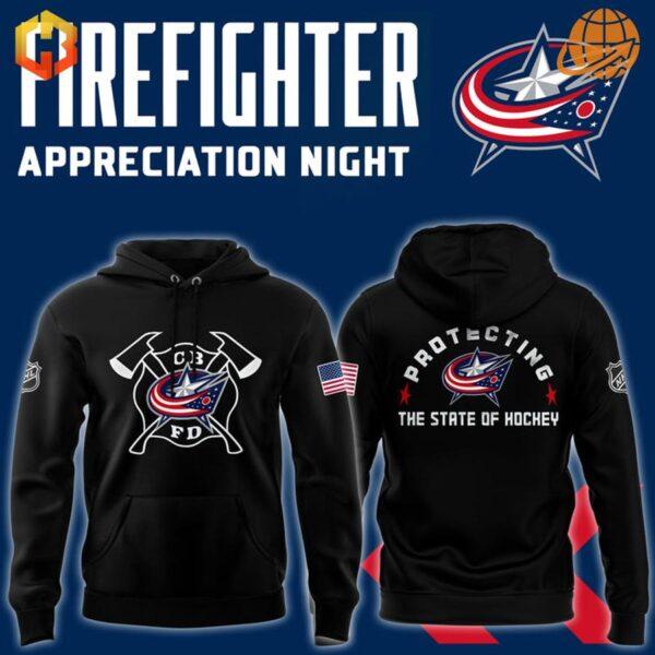 Columbus Blue Jackets Firefighter Appreciation Night Hoodie front and back design on navy background.