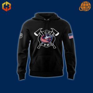 Front design of Columbus Blue Jackets Firefighter Appreciation Night Hoodie with crossed axes and team logo.