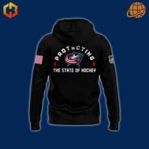 Back design of Columbus Blue Jackets Firefighter Appreciation Night Hoodie with 