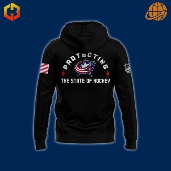 Back design of Columbus Blue Jackets Firefighter Appreciation Night Hoodie with "Protecting the State of Hockey" text.