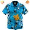 A colorful Hawaiian shirt featuring Cookie Monster from Sesame Street.