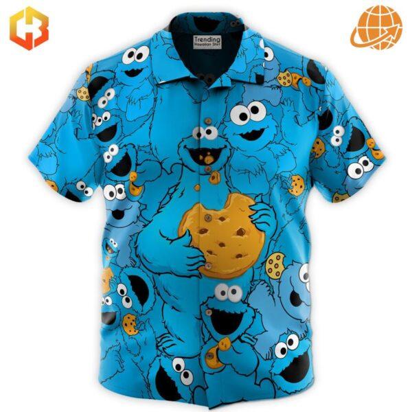 A colorful Hawaiian shirt featuring Cookie Monster from Sesame Street.