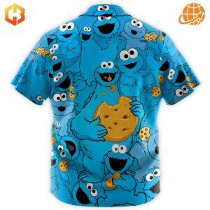 A vibrant Hawaiian shirt with a tropical print, showcasing Cookie Monster enjoying a beach day with cookies.