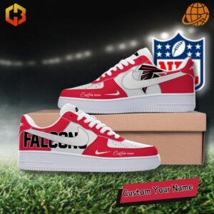 Atlanta Falcons-inspired Nike Air Force 1 shoes featuring sleek black, red, and white design