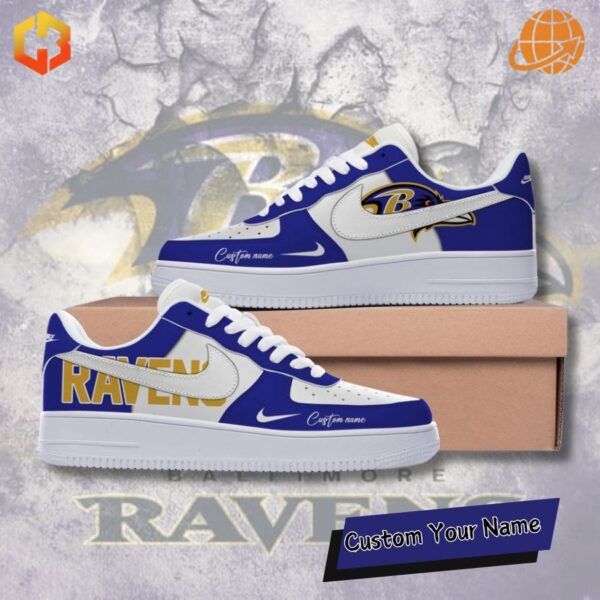 Custom Nike Air Force 1 sneakers in Baltimore Ravens colors with bold team logo accents