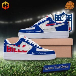 Buffalo Bills-inspired Nike Air Force 1 shoes featuring vibrant red, blue, and white design