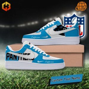 Custom Nike Air Force 1 shoes inspired by the Carolina Panthers, featuring a blue and black gradient with silver accents