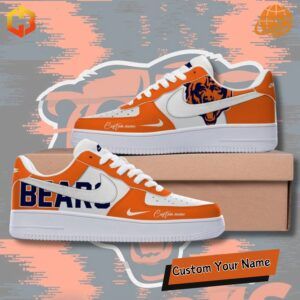 Custom Chicago Bears Nike Air Force 1 sneakers featuring orange, navy blue, and white with the team logo