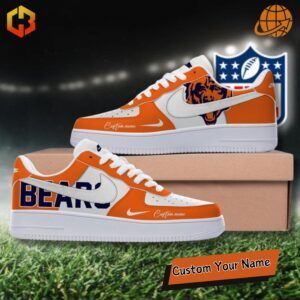 Nike Air Force 1 sneakers with a Chicago Bears theme, highlighted by bold colors and custom details.