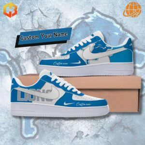 Custom Nike Air Force 1 sneakers in Detroit Lions colors with team logo accents