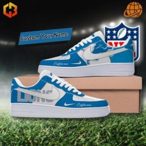 Detroit Lions-inspired Nike Air Force 1 shoes featuring bold blue and silver design