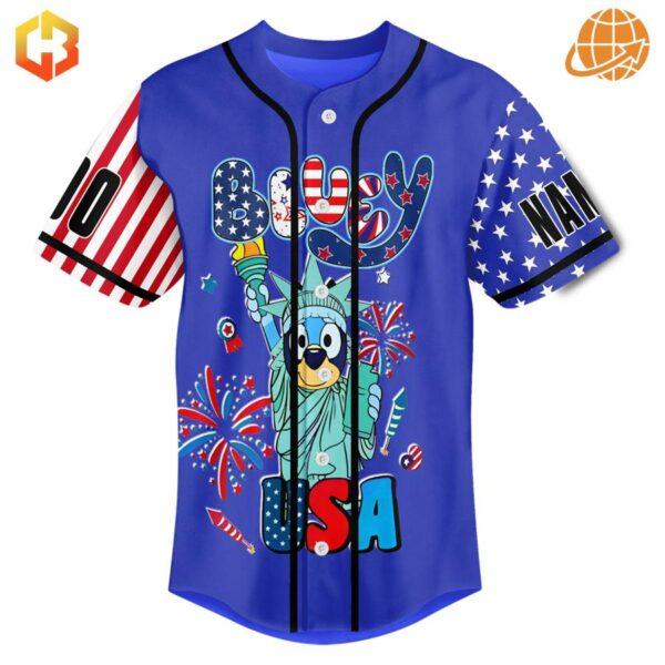 Bluey Baseball Jersey with a unique Statue of Liberty graphic and US Flag details