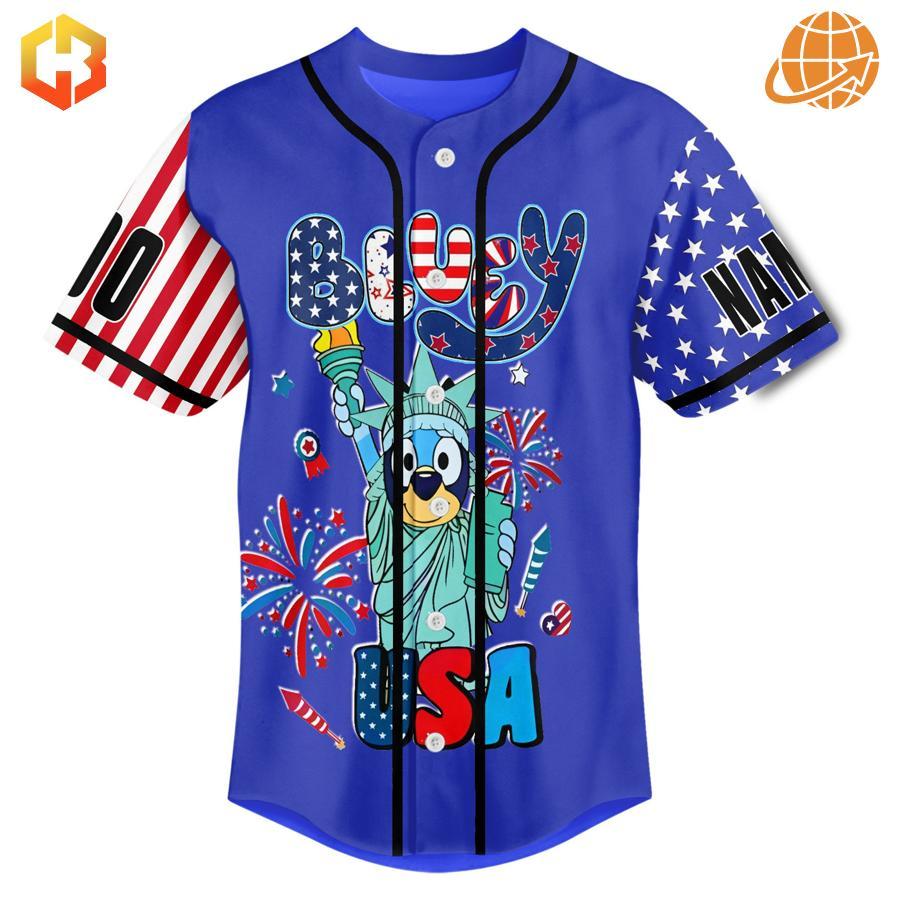Bluey Baseball Jersey with a unique Statue of Liberty graphic and US Flag details