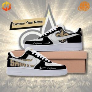 Custom Nike Air Force 1 sneakers in New Orleans Saints colors with team logo details.