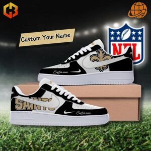 New Orleans Saints-inspired Nike Air Force 1 shoes with bold black and gold design