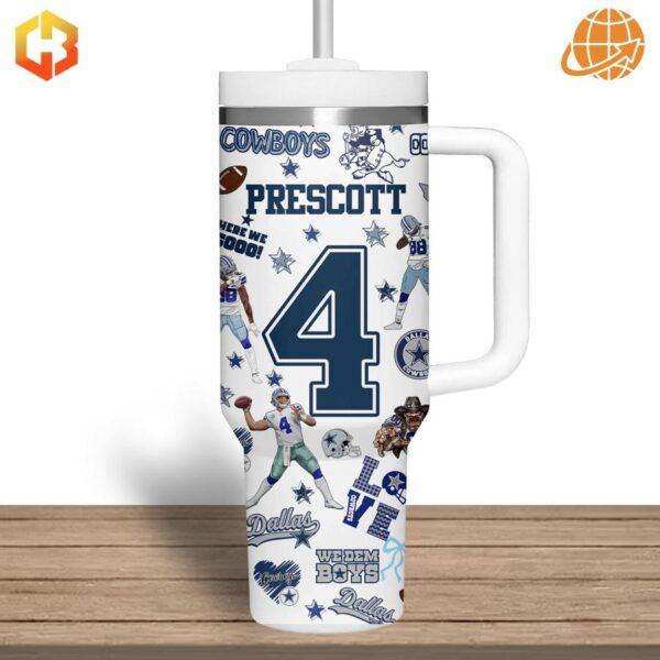 Side view of Dallas Cowboys NFL Custom Tumbler 40oz with number 4 and team graphics.