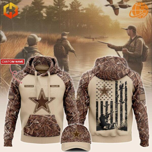 Dallas Cowboys NFL Hunting Hoodie in beige with camouflage pattern, Dallas Cowboys star logo, and hunting-themed American flag design.