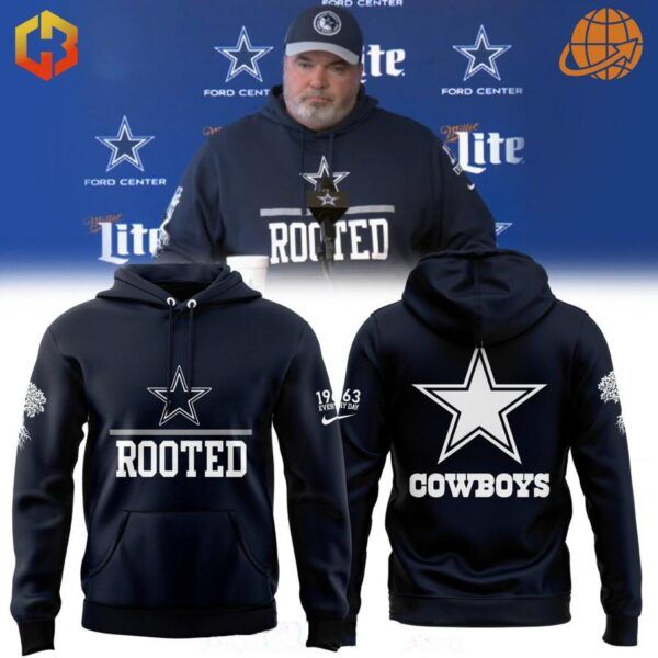 Front and back views of the Dallas Cowboys Rooted 1963 Hoodie featuring the Cowboys star logo, "ROOTED" on the front, and "COWBOYS" text with a large star on the back.