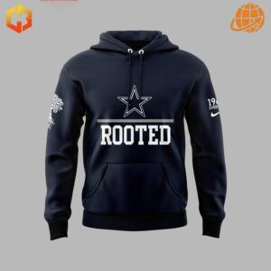 Front view of the Dallas Cowboys Rooted 1963 Hoodie with the Cowboys star logo and the word "ROOTED" in bold white letters.