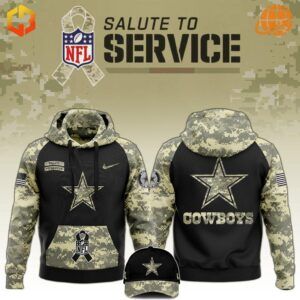 Dallas Cowboys Veterans Day Hoodie with camouflage design, featuring team logo and NFL Salute to Service branding