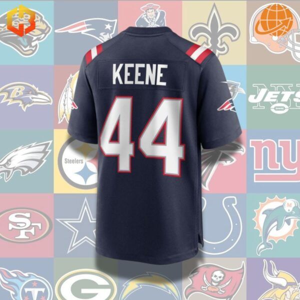 A New England Patriots football jersey featuring Dalton Keene’s name and number, with team colors and NFL branding.
