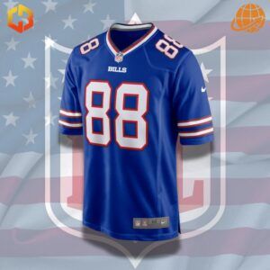 Dawson Knox Buffalo Bills jersey with bold blue, red, and white colors, designed for football fans