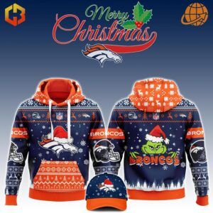 Denver Broncos Christmas hoodie with logo, holiday patterns, and Grinch design, plus matching cap.