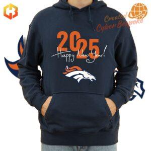 Denver Broncos Happy New Year 2025 Hoodie in orange and navy with team logo.