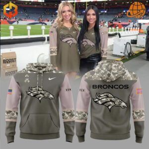 Front and back views of the Denver Broncos Mile High Salute Hoodie with olive-green fabric, camouflage accents, Broncos logo on the front, and bold 