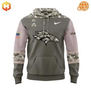 Front view of the Denver Broncos Mile High Salute Hoodie featuring the Broncos logo, Salute to Service ribbon, and camouflage-accented hood and shoulders.