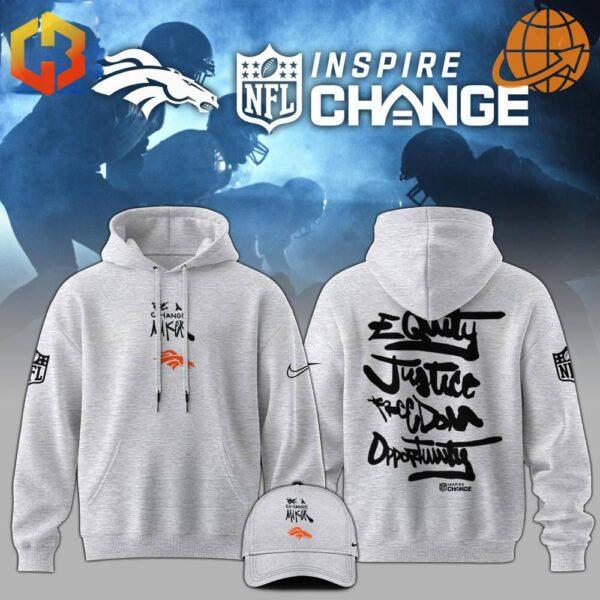 Denver Broncos NFL Be A Change Maker Hoodie and cap with inspirational messaging and team logos.