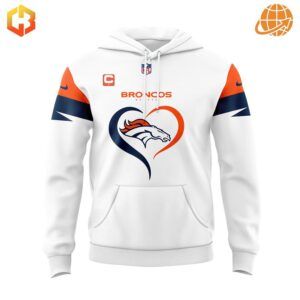 Denver Broncos white hoodie with heart-shaped logo on front