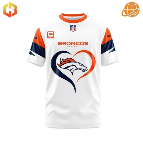 Denver Broncos white t-shirt with heart-shaped logo on front