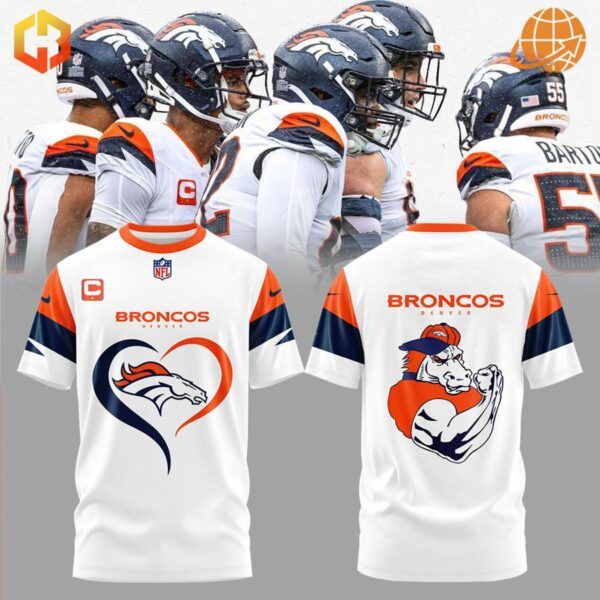 Two Denver Broncos white t-shirts with different logo designs