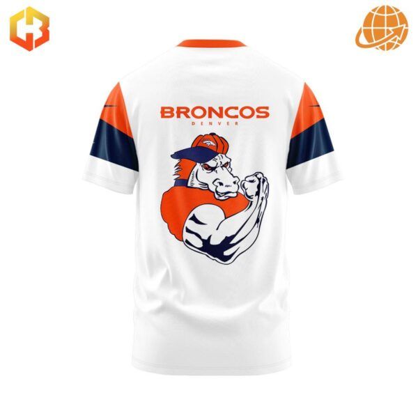 Back of Denver Broncos white t-shirt with muscular horse mascot design