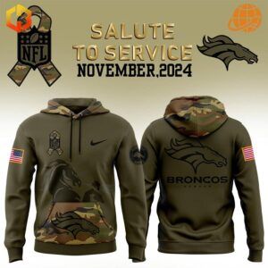 Denver Broncos Salute to Service hoodie featuring camouflage accents and team logos on olive green.