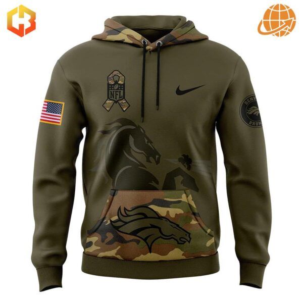 Front view of Denver Broncos military-inspired hoodie with camo pocket and team logo.