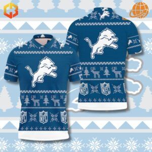 Blue and white polo shirt with Detroit Lions logo and Christmas pattern