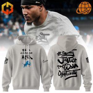 Detroit Lions Equity Justice Freedom Opportunity Hoodie front view with Detroit Lions logo and 'Be a Change Maker' text.