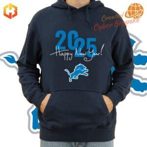 Comfy Detroit Lions hoodie featuring Happy New Year 2025 design.