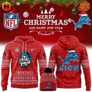 Detroit Lions Merry Christmas Hoodie featuring festive patterns, a cheerful Santa design on the front, and the Lions mascot with holiday lights on the back