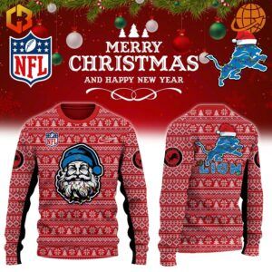 Detroit Lions Merry Christmas Sweater with red base, white patterns, Santa Claus graphic with Lions helmet on the front, and Lions logo with Santa hat on the back.