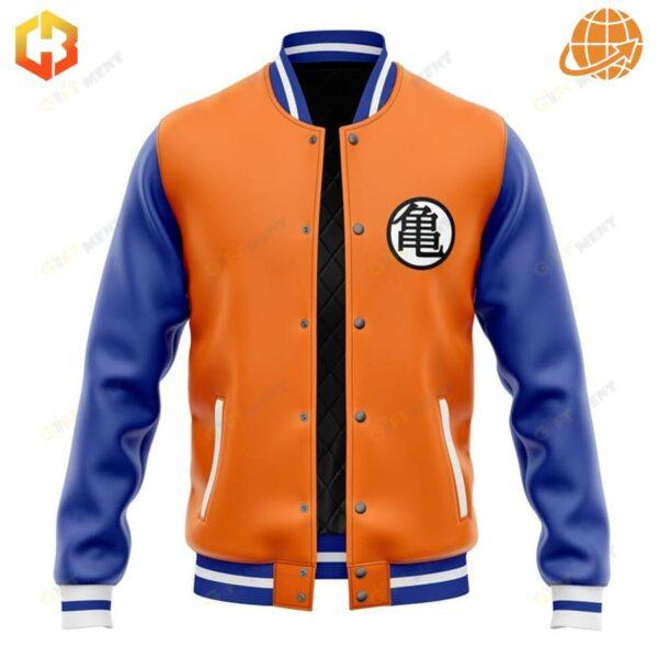 Dragon Ball Z Son Goku Varsity Jacket front view with orange body, blue sleeves, and Turtle School emblem.