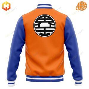 Dragon Ball Z Son Goku Varsity Jacket back view featuring large Turtle School emblem on orange background.