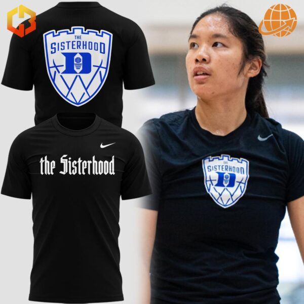 Black t-shirts showing front "The Sisterhood" text and back shield logo for Duke women's basketball.