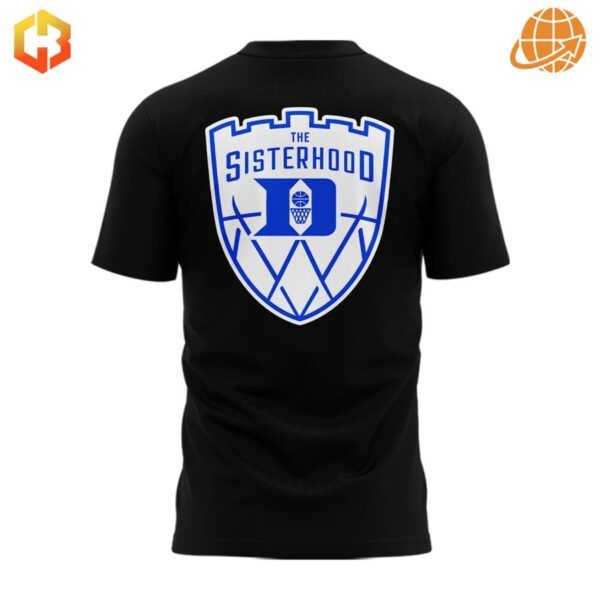 Back of black t-shirt with blue and white Duke women's basketball "The Sisterhood" shield logo.