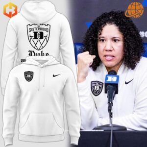 Front view of the Duke Blue Devils Women Basketball White Hoodie showcasing the Sisterhood crest and Nike logo.