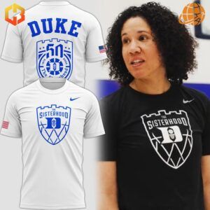 Duke Blue Devils Women Basketball white Shirt front and back view, with a person wearing the black version.