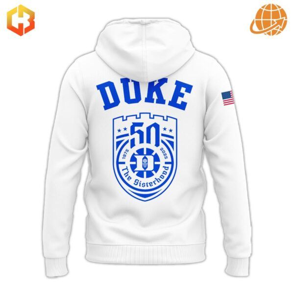 Back view of the Duke Blue Devils Women Basketball white hoodie with "DUKE" and commemorative design.