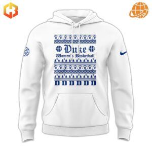 Front of white Duke Women's Basketball hoodie with blue winter-themed pattern and team name